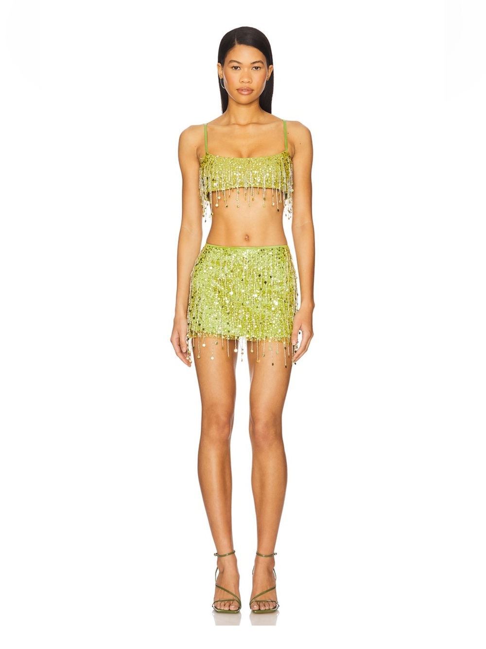 Asta Resort Yasmin Hand Beaded Fringe Bralette and Mini Skirt Set in Chartreuse